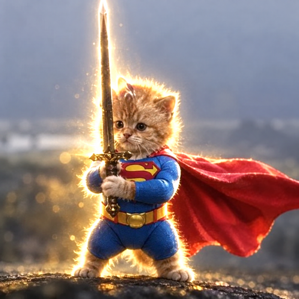 Orange tabby Super Sword Cat in a blue suit holding a sword